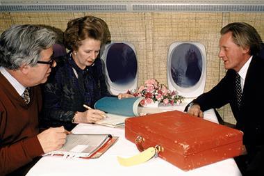 At the heart of government: in this 1985 photograph, Heseltine is seen jetting off with prime minister Thatcher and fellow cabinet member Geoffrey Howe. The two men played pivotal roles in bringing about her downfall