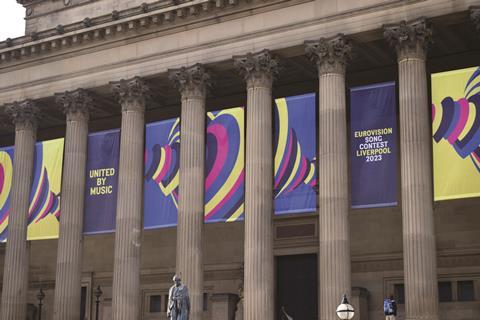 St George's Hall in Liverpool, with banners displaying 'Eurovision Song Contest Liverpool 2023'