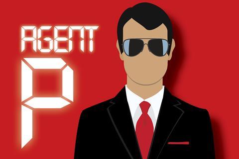 Agent P written in calculator style white text on a red background. A cartoon man in a black suit is stood on the right of image. He has no facial features but is wearing sunglasses