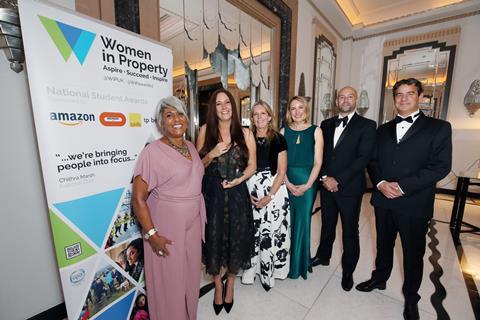 WiP National Chair Chithra Marsh with Elsie Gribbon, winner of the 2023 National Student Awards, and representatives from Savills, tp bennett, Bouygues UK and Amazon